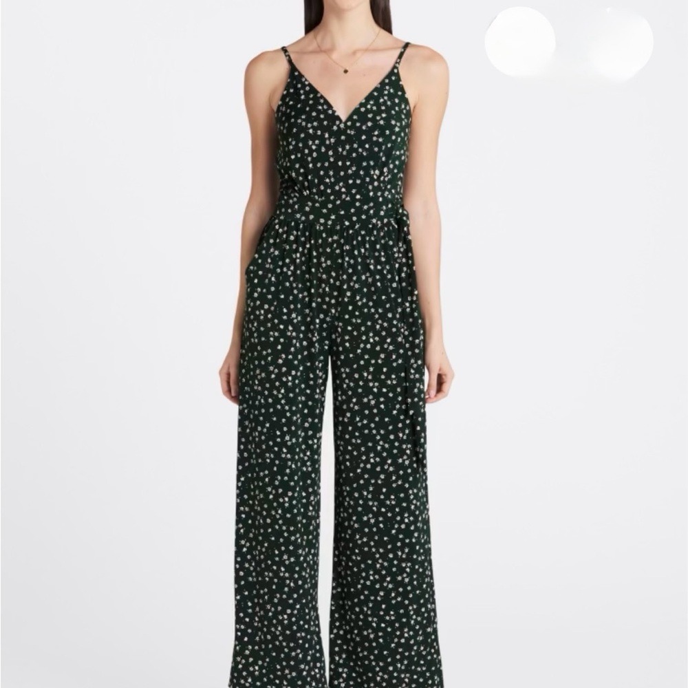 Floral V-Neck Wide-Leg Jumpsuit - Dark Green